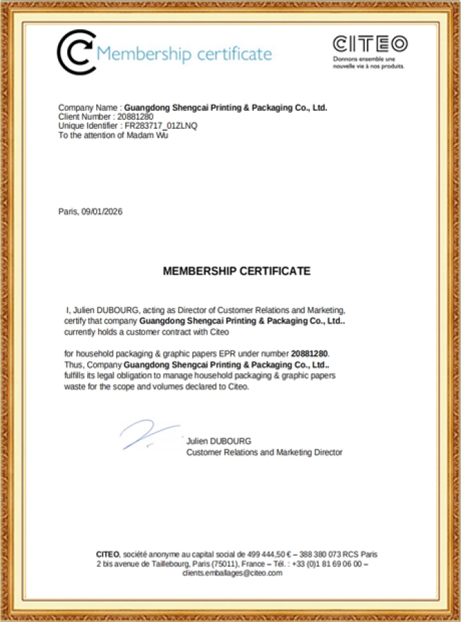 French packaging certificate