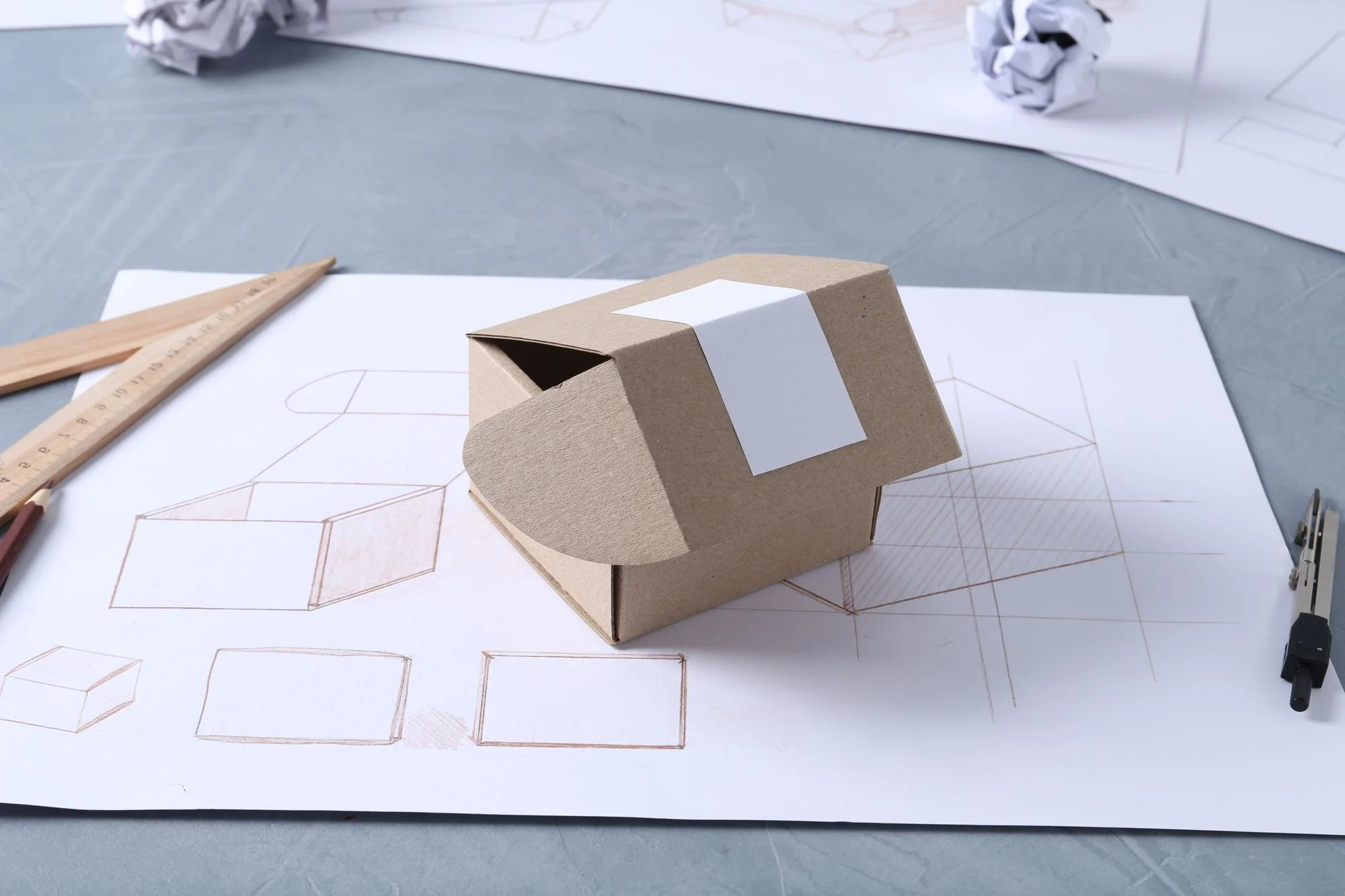 Cardboard box prototype on packaging design sketches