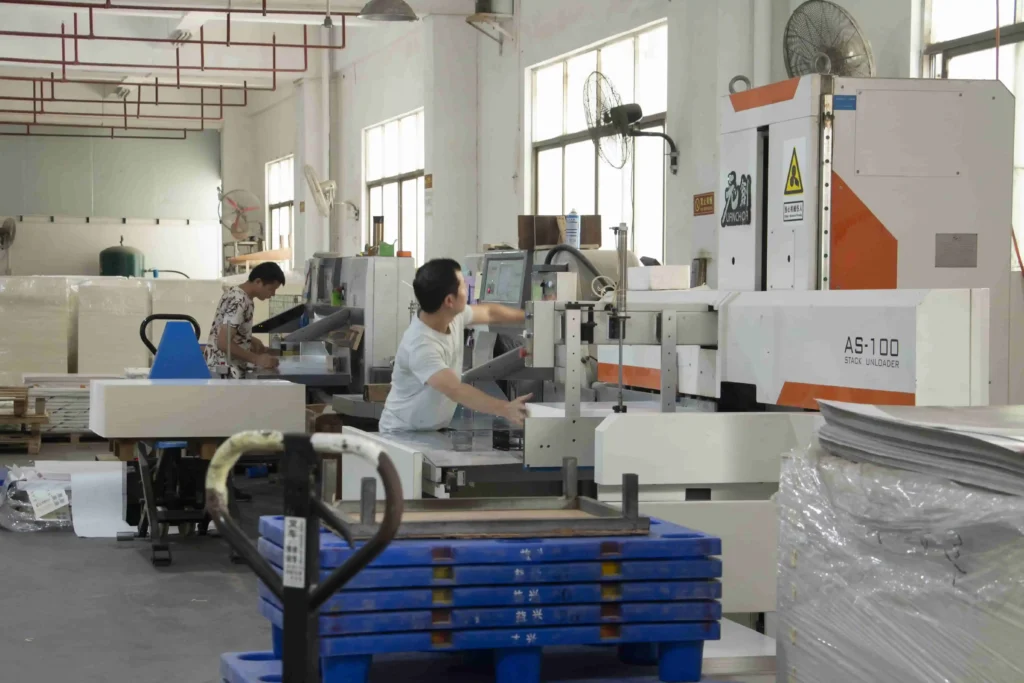 Machines assembling packaging materials in the factory